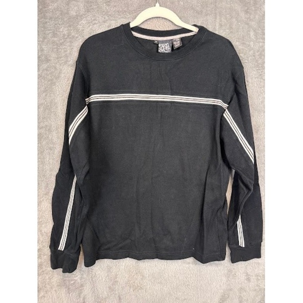 Point Zero Mens Black Ribbed Long Sleeve Shirt Striped Chest Medium 100% Cotton
